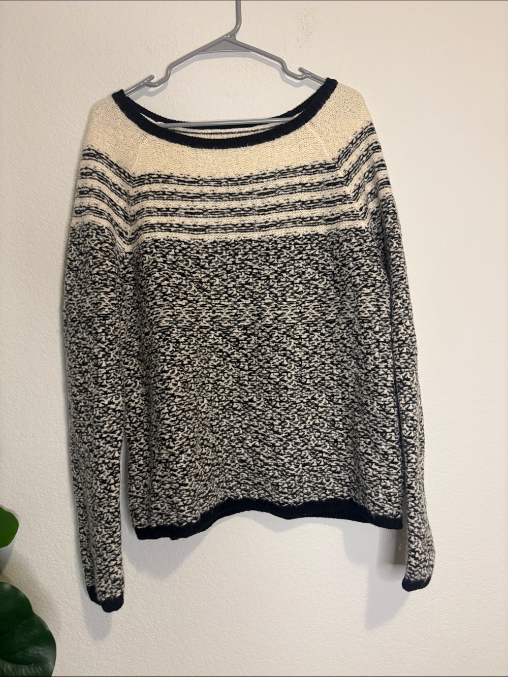 Lou and grey xl wool blend Black and Cream Marled Stripe Pullover Sweater
